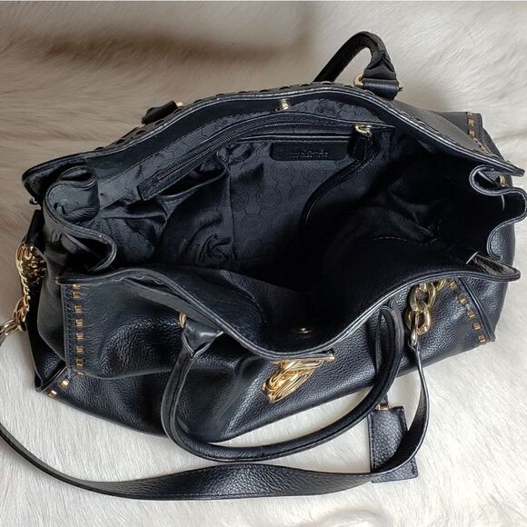 Michael Kors LEATHER Black Over the Shoulder Gold Stitch Purse Handbag - Picture 6 of 7